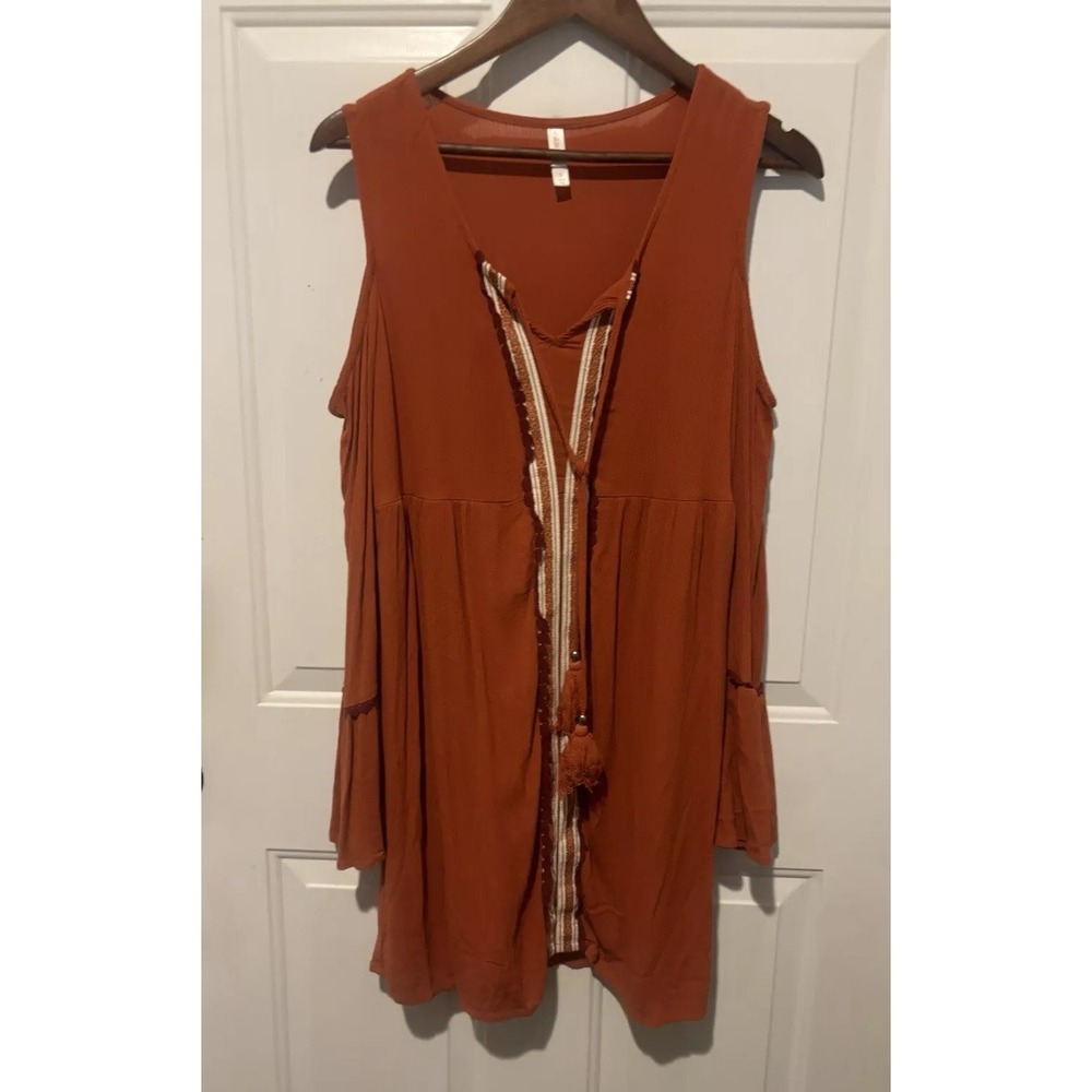 Xhilaration Cold Shoulder Boho Dress Burnt Orange Embroidered Bell Sleeve Small
